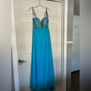 Turquoise Beaded Bust Evening Gown